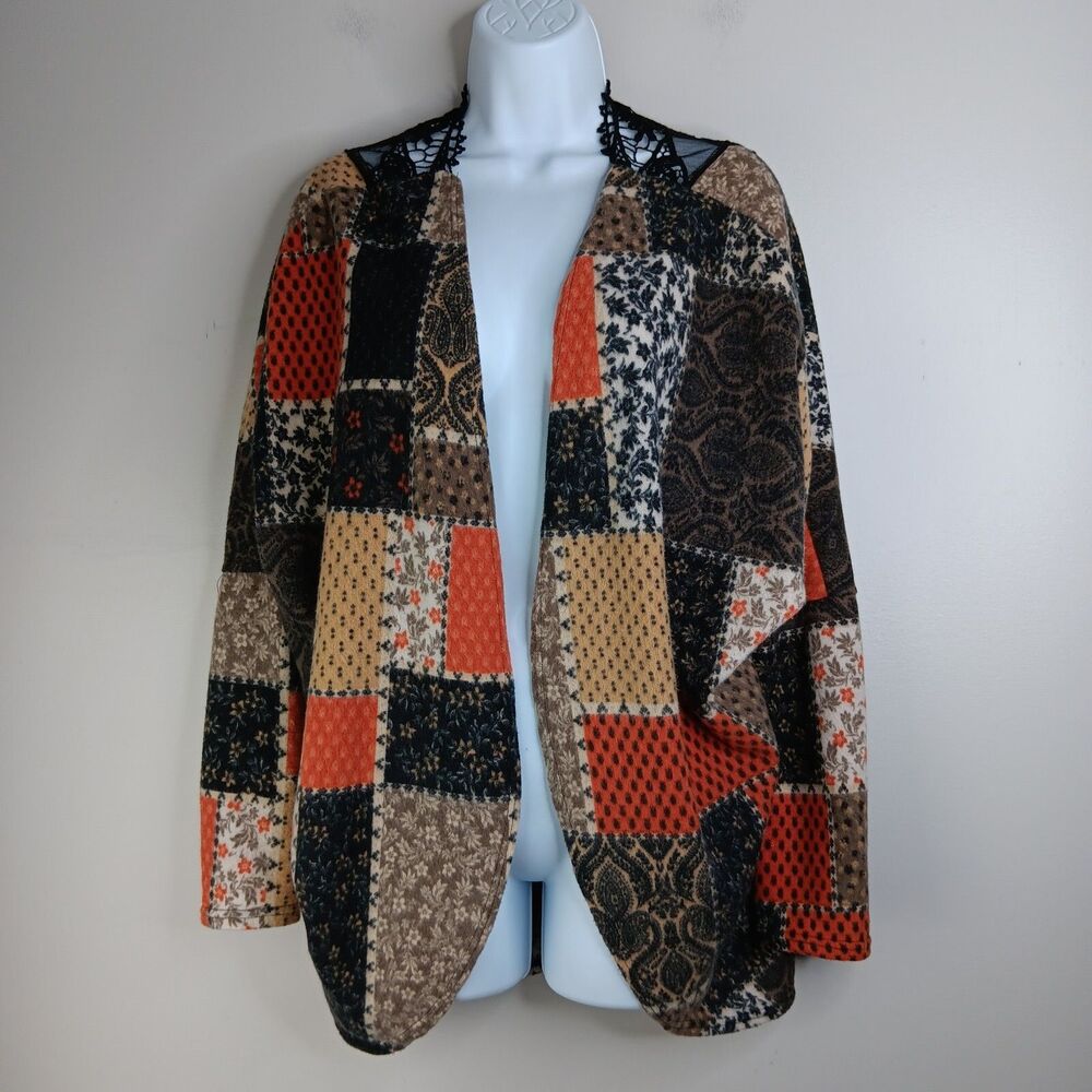 7th Ray Cardigan Women Size M Patchwork Lace Crochet Open Front Soft Boho Hippie